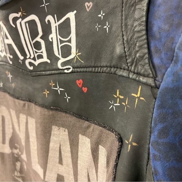 Doma Leather OOAK reworked moto Jacket, blu with animal print and back graphic S - Picture 10 of 17